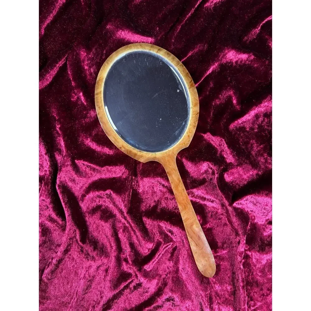 Vintage Art Deco Celluloid Vanity Hand Mirror Faux Mother of Pearl Orange Swirl